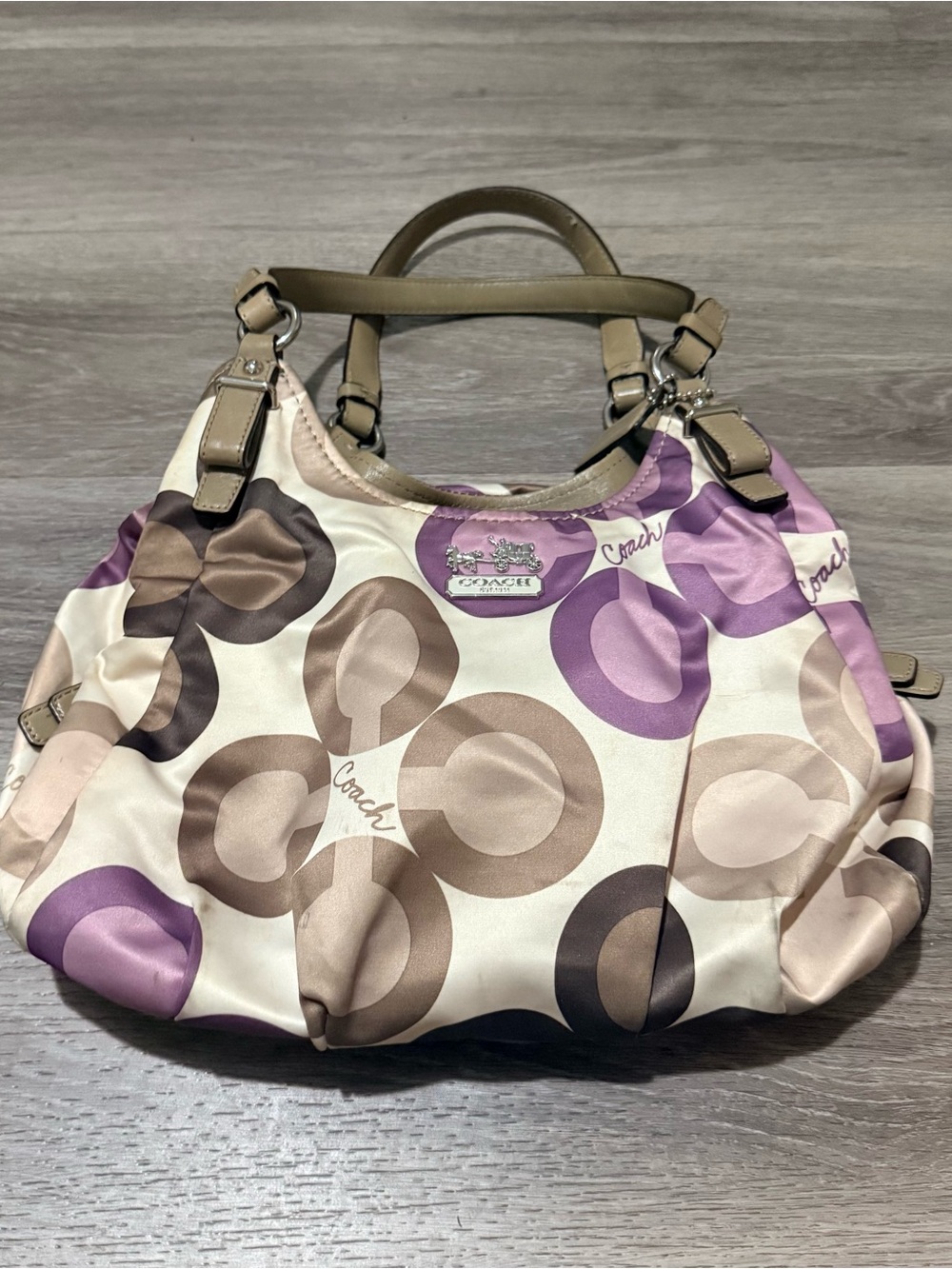 Coach Cream, Taupe & Purple Signature Circle Shoulder Bag